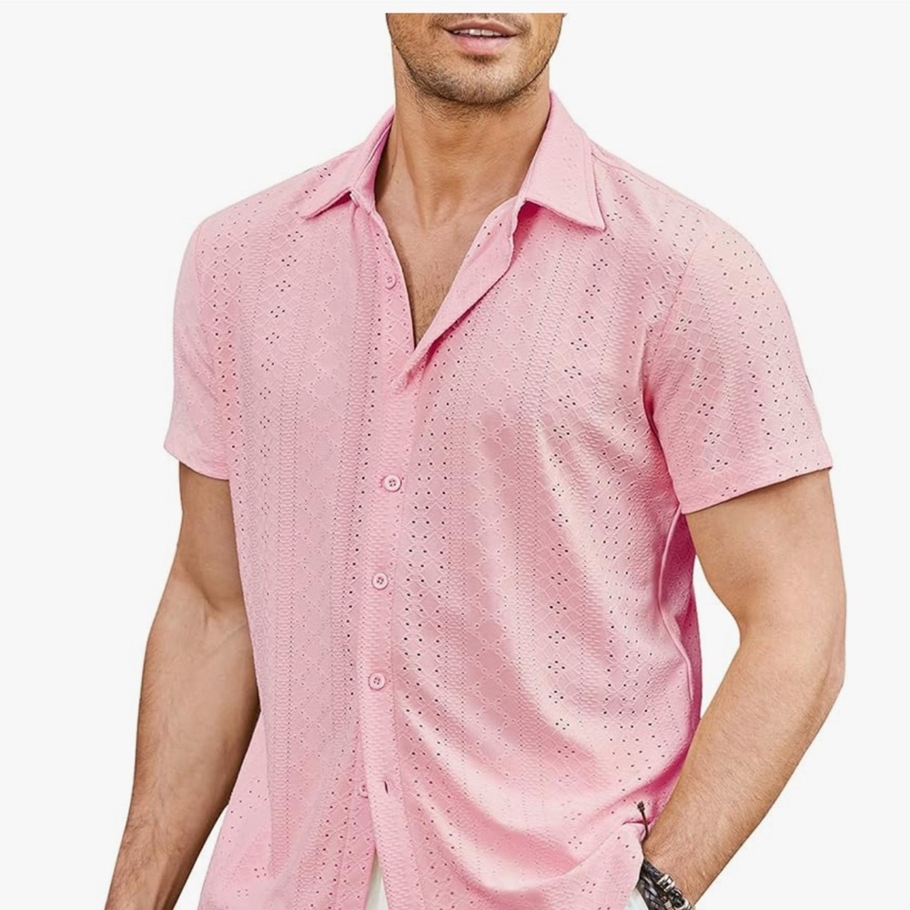 Pink Casual Button Down Shirt with Camp Collar